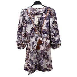 Band Of The Free Size S Lyonnette Paisley‎ Boho Long Sleeve Mini Dress Cream NWT